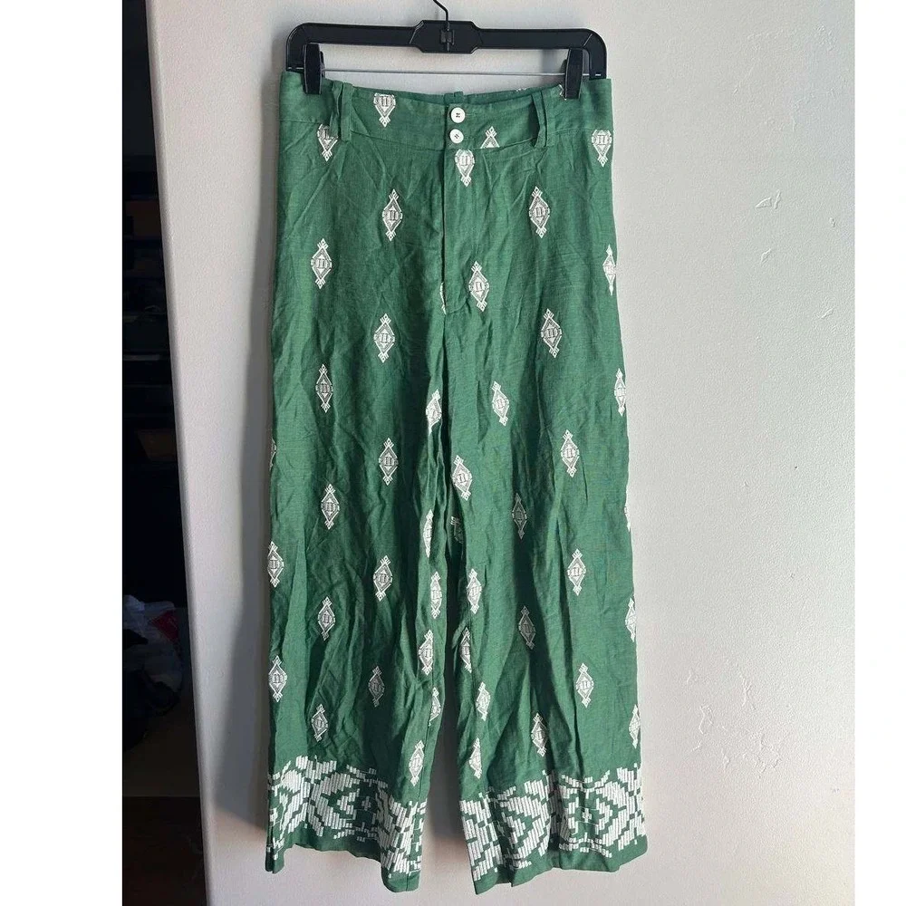 Zara Embroidered Linen Wide Leg Pants S Cottagecore Boho Euro Summer Clean Girl